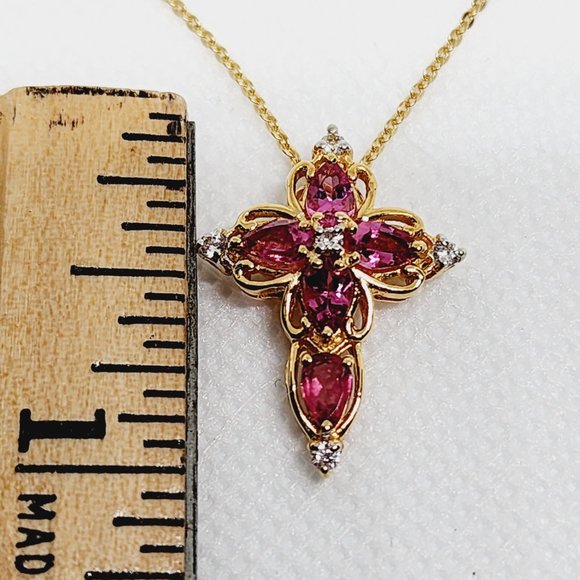 Natural Rubellite & White Zircon cross pendant necklace in 14K YG/925SS 20 inch - Picture 2 of 6